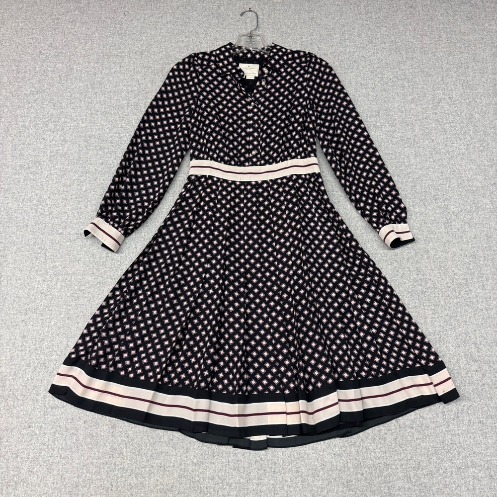 Kate Spade Shirt Dress 00 Black Pink Geometric Pearl Button Long Sleeve Pleated